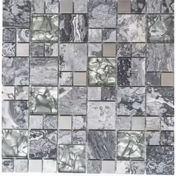 Mosani MOS88-0204, Mosaique, Verre, Métal, Gris, Intérieure, Rectangle, 300 mm