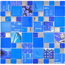 Mosani MOS88-0417, Mosaique, Verre, Bleu, Argent, Intérieure, Rectangle, 298 mm