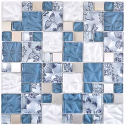Mosani MOS88-0402, Mosaique, Verre, Métal, Gris, Bleu, Intérieure, Rectangle, 300 mm