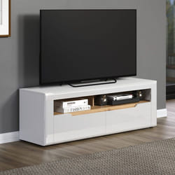 Meuble TV 2 tiroirs 2 niches décor chêne et blanc brillant - MILAN