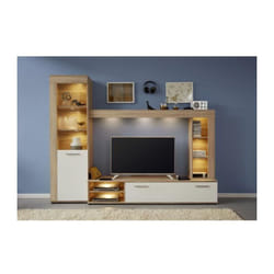 Sans Marque - Ensemble meuble tv logo - 1 Porte - led - Mélamine chene clair et blanc mat - L240 x P41 x H185 cm - trendteam