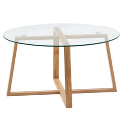 Table Basse - FINEBUY - Ronde - Chêne Massif - Verre Transparent - Design Moderne