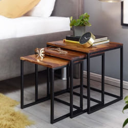 Tables Gigognes - FINEBUY - Set de 3 Tables Basses - Bois Massif Sheesham - Cadres Métalliques - Design Moderne