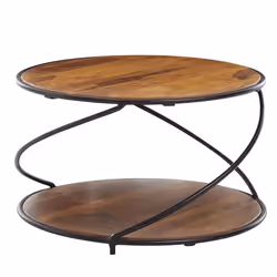 Table Basse Ronde en Bois Massif Sheesham et Métal - FINEBUY - Design Moderne - Rangement