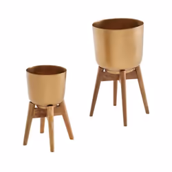 Pots de Fleurs - FINEBUY - Lot de 2 - Métal et Bois Massif - Design Ronde - Doré et Marron