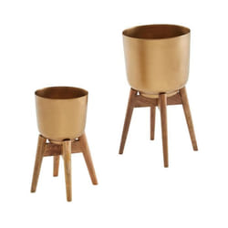 Pots de Fleurs - FINEBUY - Lot de 2 - Métal et Bois Massif - Design Ronde - Doré et Marron