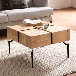 Table Basse Carrée Bois Massif Métal 60x60x40 cm - FINEBUY - Moderne - Marron