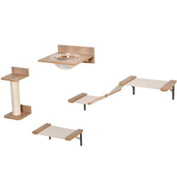 PawHut Ensemble descalade pour chats 4 pièces avec arbre à chat escalier mobilier pour chats en sisal acrylique bois clair