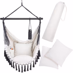 La chaise suspendue de la marque DETEX® garantit un grand confort d'assise grâce à ses 2 coussins amovibles. Rangez en toute  ...