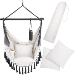 Detex - Chaise suspendue avec coussins fauteuil suspendu xl hamac coton avec franges capacité 150kg intérieur extérieur boho Crème