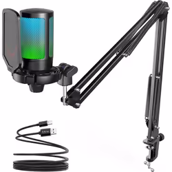 FIFINE USB Microphone Gaming kit RGB Condensateur Microphone pour Ordinateur PC PS5 avec Bouton de Silence Fixation Antichoc