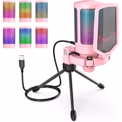 FIFINE USB Microphone Gaming RGB Condensateur Microphone pour PC PS5 avec Bouton de Silence Fixation Antichoc Support Trépied