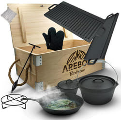 Dutch Over bbq Set en fonte avec caisse en bois, gants protection inclus - Arebos