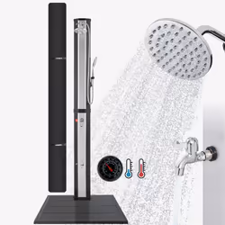 Arebos Douche solaire 60L avec thermomètre et douchette noir-argent avec plaque de sol anthracite, Noir, Argent, 2 pièce(s)