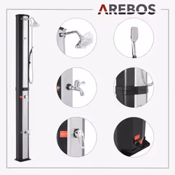 Arebos Douche solaire 60L avec thermomètre et douchette noir-argent avec plaque de sol anthracite