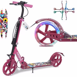 AREBOS Trottinette réglable en hauteur  pliable  sangle de transport incluse  roues LED  frein à pédale manuel Rose