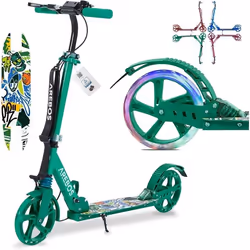AREBOS Trottinette de ville trottinette verte réglable en hauteur  pliable  sangle incluse  roues à LED  frein de pédale à ma ...