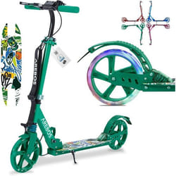 AREBOS Trottinette de ville trottinette verte réglable en hauteur  pliable  sangle incluse  roues à LED  frein de pédale à main