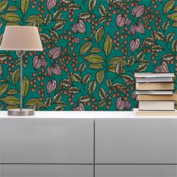 Papier Peint Fleurs M1-No.1450 Papier peint intissé Vert Rouge Floral Nature