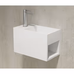 Vasque murale PB2046 en fonte minérale blanc mat - 33 x 18 x 20,5 cm - compartiment de rangement à droite Parfait pour les pe ...