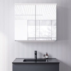 Bernstein - Armoire de toilette mfc 2 portes miroirs, éclairage led, prise de courant intérieure et 2 tablettes verre - 80x71x19cm (LxHxP) - varo 80