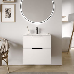 Bernstein - Meuble vasque Blanc Brillant de salle de bain 60x46x62cm (LxPxH) 2 tiroirs, Poignées Chrome - TIM60 Blanc brillant, Chrome