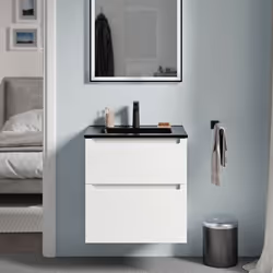 DESIGN : Ce meuble vasque de salle de bain avec vasque noire et 2 tiroirs est disponible en 3 couleurs : Anthracite mat, Chên ...