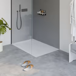 Receveur de douche minéral moulé plat en blanc mat avec set de vidange et siphon Le receveur de douche BERNSTEIN LAVOA transf ...