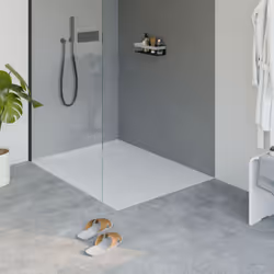 Receveur de douche minéral moulé plat en blanc mat avec set de vidange et siphon Le receveur de douche BERNSTEIN LAVOA transf ...