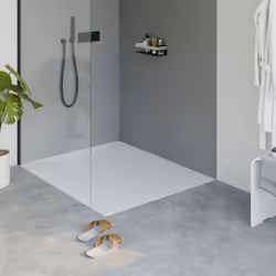 Receveur de douche minéral moulé plat en blanc mat avec set de vidange et siphon Le receveur de douche BERNSTEIN LAVOA transf ...