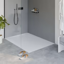 Receveur de douche minéral moulé plat en blanc mat avec set de vidange et siphon Le receveur de douche BERNSTEIN LAVOA transf ...