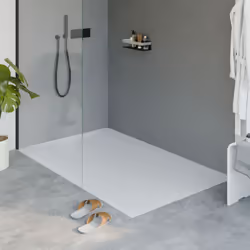 Receveur de douche minéral moulé plat en blanc mat avec set de vidange et siphon Le receveur de douche BERNSTEIN LAVOA transf ...