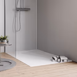Receveur de douche minéral moulé plat en blanc mat avec set de vidange et siphon Le receveur de douche BERNSTEIN VIREO en bla ...