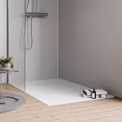 Receveur de douche minéral moulé plat en blanc mat avec set de vidange et siphon Le receveur de douche BERNSTEIN VIREO en bla ...