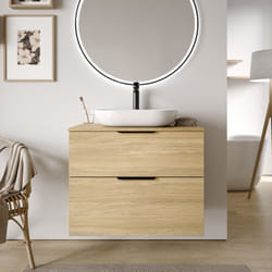 Bernstein - Meuble sous vasque suspendu Chêne gris pour lavabo à poser, 2 tiroirs - 79,8x45,5x62cm - tim - Couleur Plan vasque, Couleur poignées