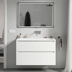 Bernstein - Meuble vasque suspendu salle de bain mdf Blanc mat, lavabo fonte minérale Blanc mat sans trou robinet, tiroirs passe-main pivotants