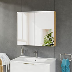 Bernstein - Armoire de toilette suspendue Chêne miel 80x18x70cm (LxPxH) 2 portes miroir, éclairage led, tablettes en verre - solo Chêne miel doré