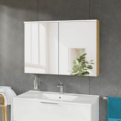 Bernstein - Armoire de toilette suspendue Anthracite mat 100x18x70cm (LxPxH) 2 portes miroir, éclairage led, tablettes en verre - solo Chêne miel doré