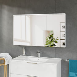 Bernstein - Armoire de toilette suspendue Blanc mat 120x18x70cm (LxPxH) 2 portes miroir, éclairage led, tablettes en verre - solo Blanc mat