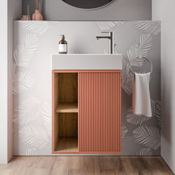 Meuble vasque Vert Jade mat de salle de bain 55x24x59cm (LxPxH) 1 porte à droite + 2 cases rangement - beldivo Abricot mat - Bernstein