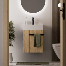 Bernstein - Meuble vasque lave-main Chêne miel 45x35x50cm (LxPxH) 1 tiroir + rangement gauche + poignée Noir mat - COMPACT450 Noir mat, Chêne Miel