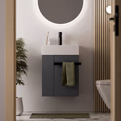Mobilier de salle de bain pour invités COMPACT 450 avec lavabo en céramique - 45 cm - Étagère latérale gauche Meuble salle de ...