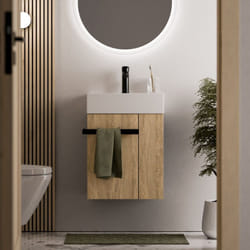 Bernstein - Meuble vasque lave-main Chêne miel 45x35x50cm (LxPxH) 1 tiroir + rangement droite + poignée Noir mat - COMPACT450 Noir mat, Chêne Miel