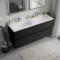 Bernstein - Meuble vasque suspendu salle de bain mdf Noir mat, lavabo fonte minérale Blanc mat + trou robinet, poignée métal Noir mat - 120x46x62cm