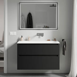 Bernstein - Meuble vasque suspendu salle de bain mdf Noir mat, lavabo fonte minérale Blanc mat sans trou robinet, tiroirs passe-main pivotants