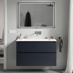 Bernstein - Meuble vasque suspendu salle de bain mdf Bleu nuit mat, lavabo fonte minérale Blanc mat sans trou robinet, tiroirs passe-main pivotants
