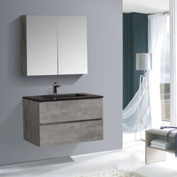 BERNSTEIN - Meuble vasque suspendu salle de bain MDF Aspect béton, lavabo Marbre Noir mat + trou robinet & 2 tiroirs - 75x52x52cm - EDGE 750 Béton,
