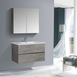 Bernstein - Meuble vasque suspendu salle de bain mdf Aspect béton, lavabo Marbre Blanc brillant + trou robinet & 2 tiroirs - 85x52x52cm - edge 850