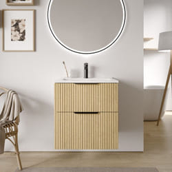 Bernstein - Meuble vasque Beige strié de salle de bain 60x46x62cm (LxPxH) 2 tiroirs, Poignées chrome - TIM60 Chrome, Chêne strié