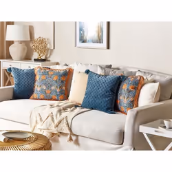 Coussin en velours à motif de fleurs bleu et orange 45 x 45 cm MITELLA